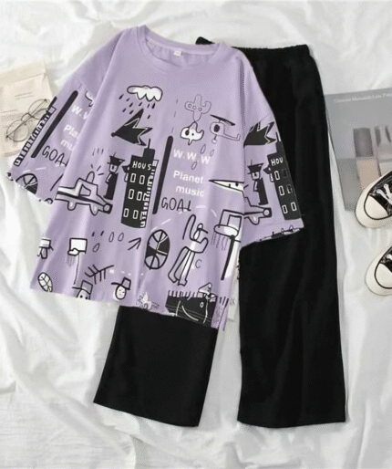 Purple Multi Planets Printed Shirt With Black Trouser