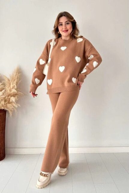 Heart printed warm winter fleece co ord Set - Brown and White